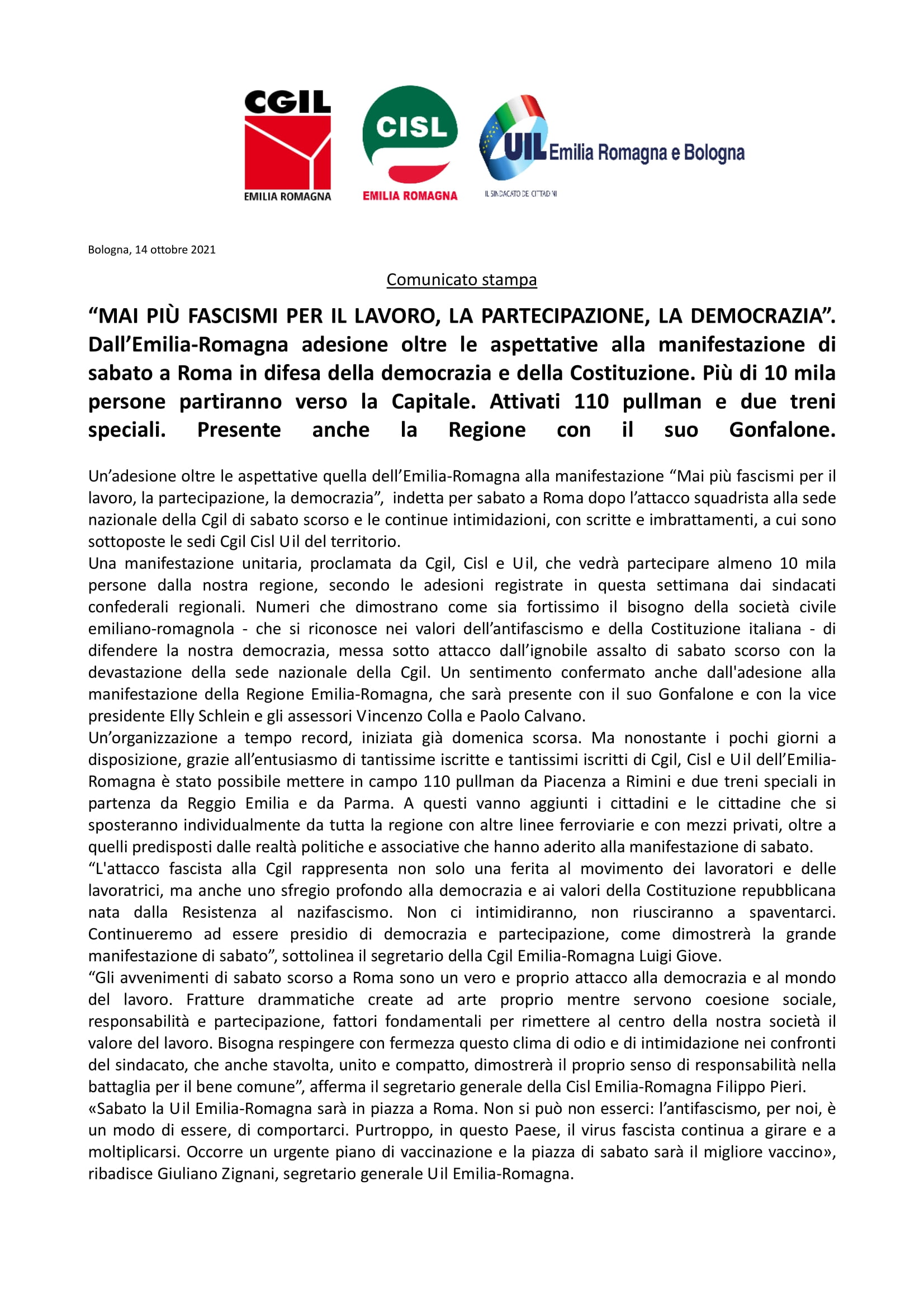 comunincato stampa MANIFESTAZIONE 16 10 21
